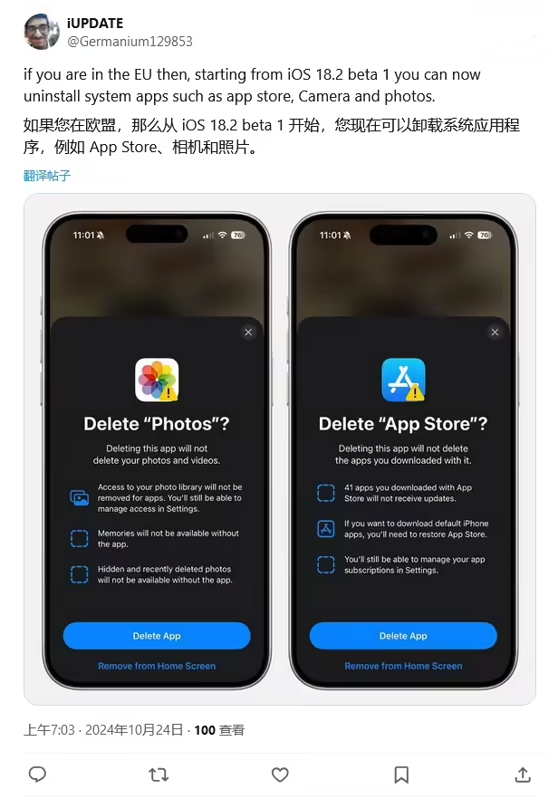 雷波苹果手机维修分享iOS 18.2 支持删除 App Store 应用商店 